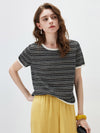 Women’s Round-Neck Linen Blend Dopamine Striped Knit Short Sleeve Top with Contrast Trim