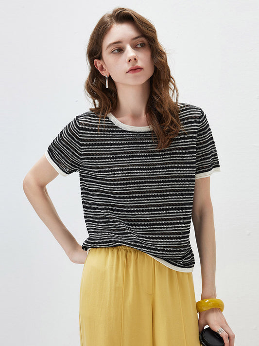 Women’s Round-Neck Linen Blend Dopamine Striped Knit Short Sleeve Top with Contrast Trim