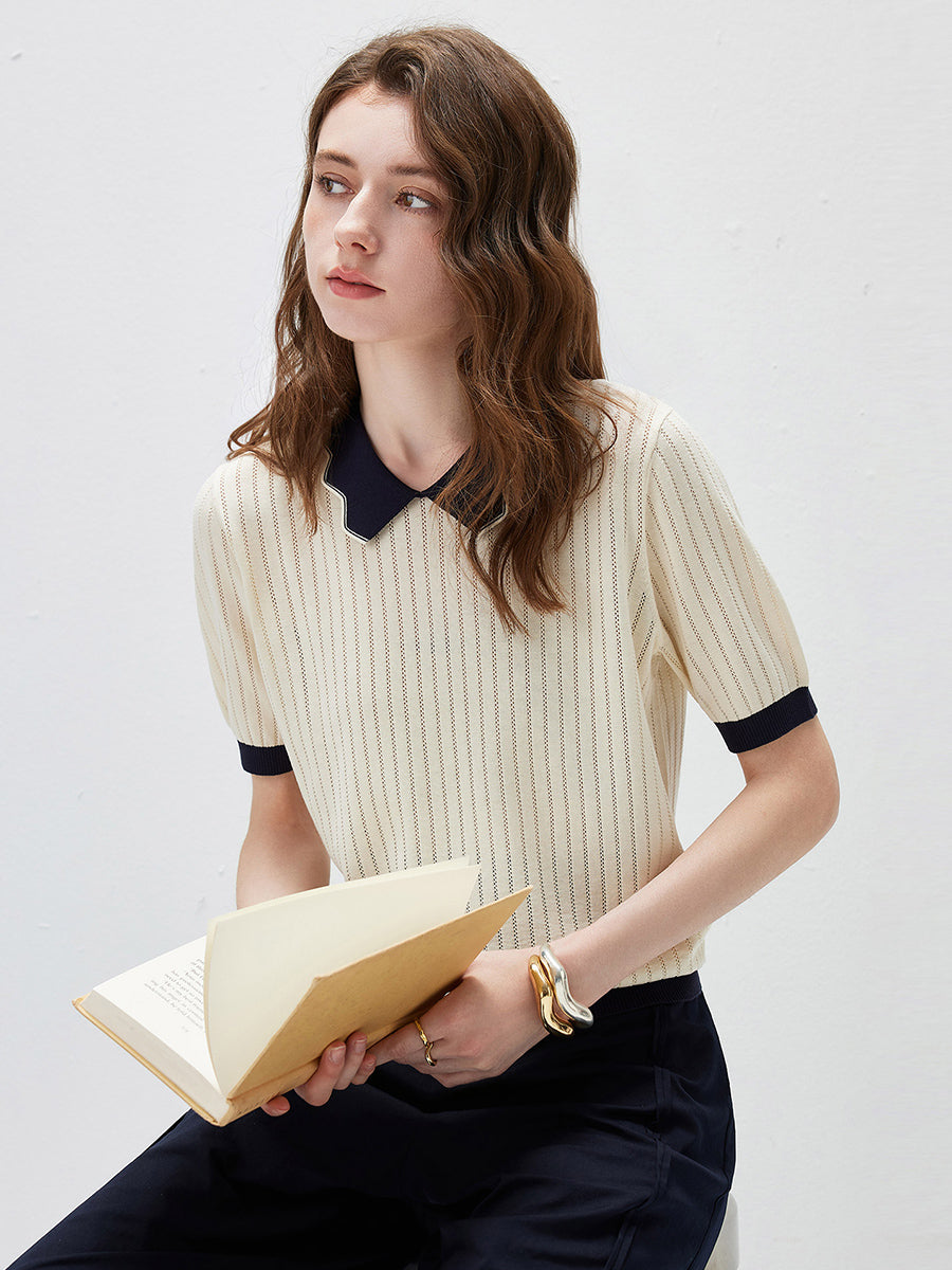 COMOBOCA Women's Scalloped Contrast Collar Openwork Knit Sweater