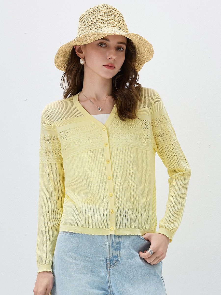 COMOBOCA Yellow Women's Pointelle Knit V-Neck Cardigan