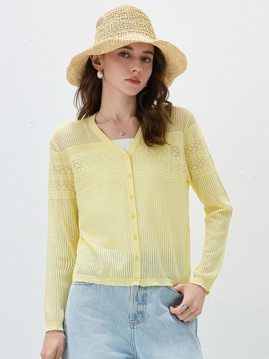 COMOBOCA Yellow Women's Pointelle Knit V-Neck Cardigan