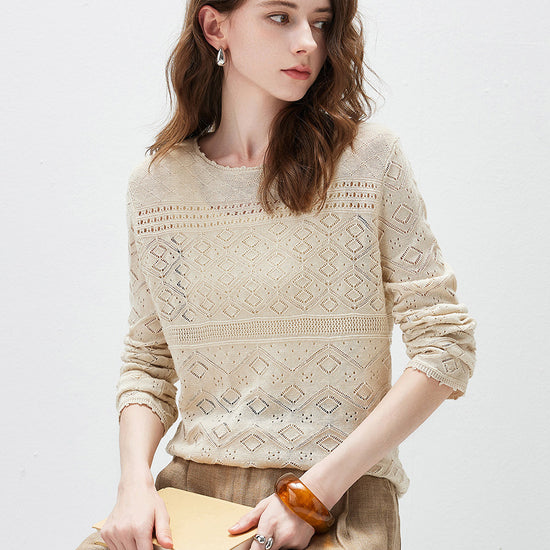 COMOBOCA Women's Diamond Pointelle Knit Sweater