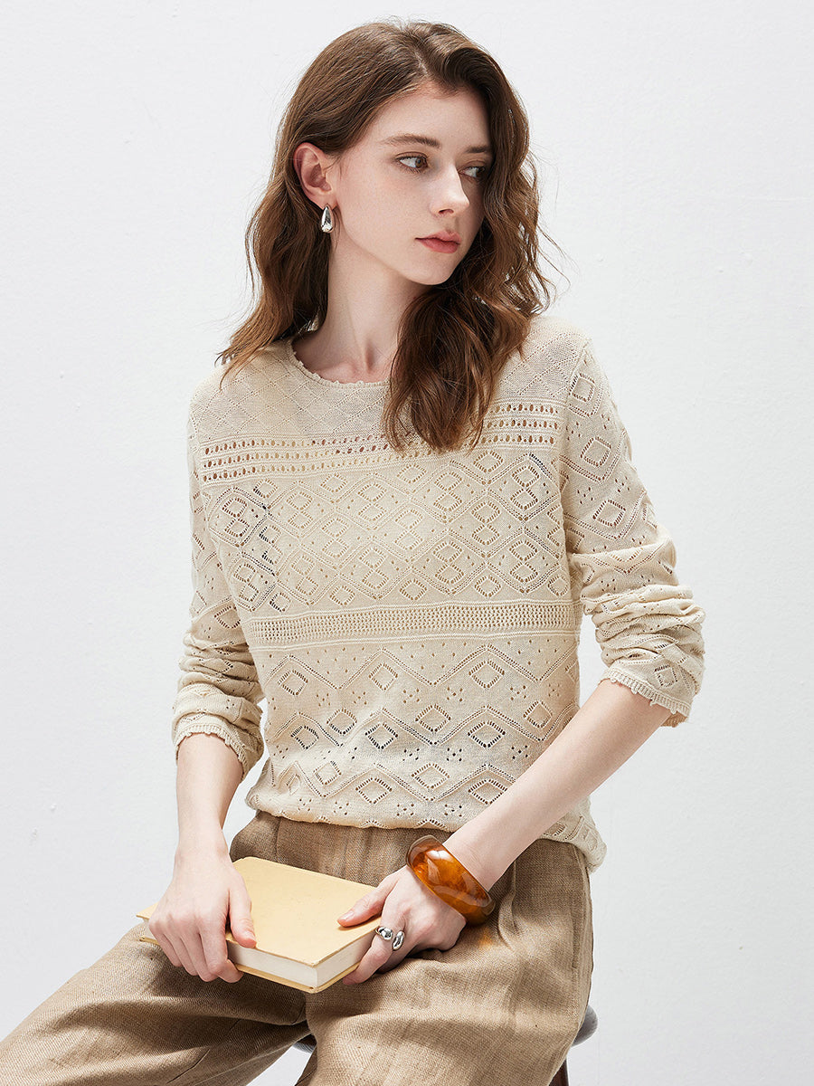 COMOBOCA Women's Diamond Pointelle Knit Sweater