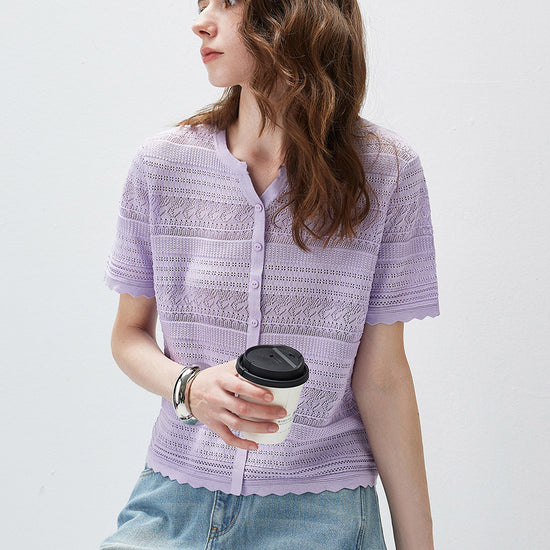 COMOBOCA Women's Scalloped Hem Openwork Knit Cardigan