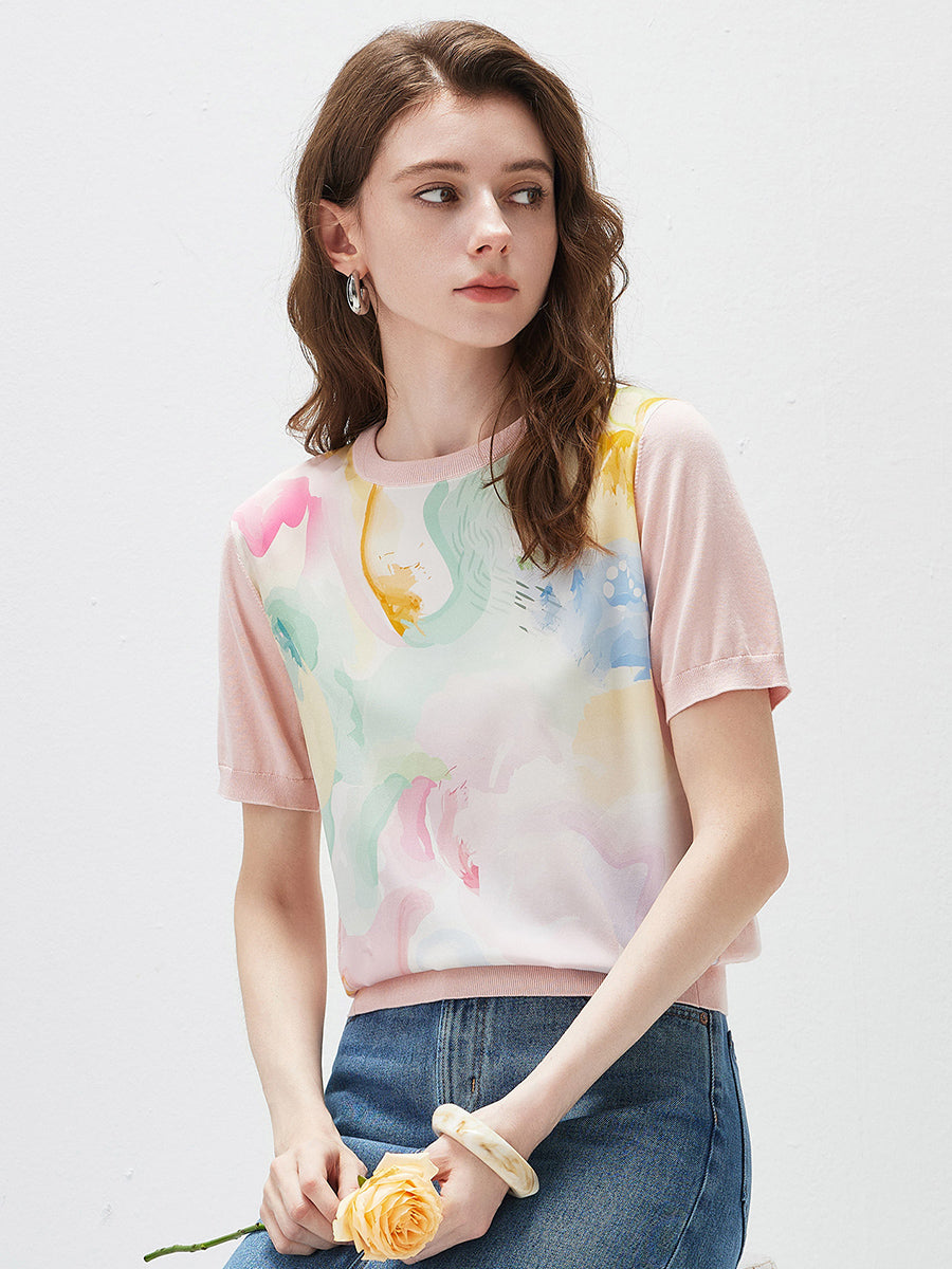 COMOBOCA Women's Floral Print Panel Knit T-Shirt