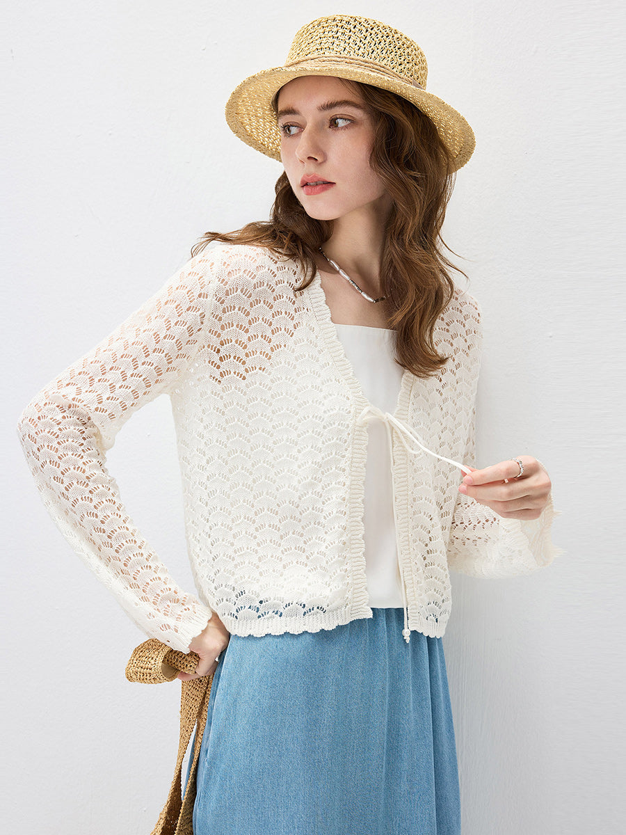 COMOBOCA Women's Linen Lace Knit Tie Front Cardigan