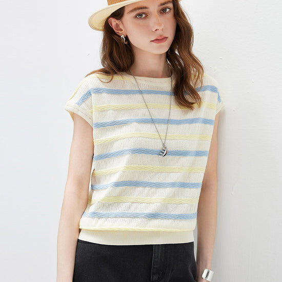 COMOBOCA Women's Striped Knit Cap Sleeve T-Shirt