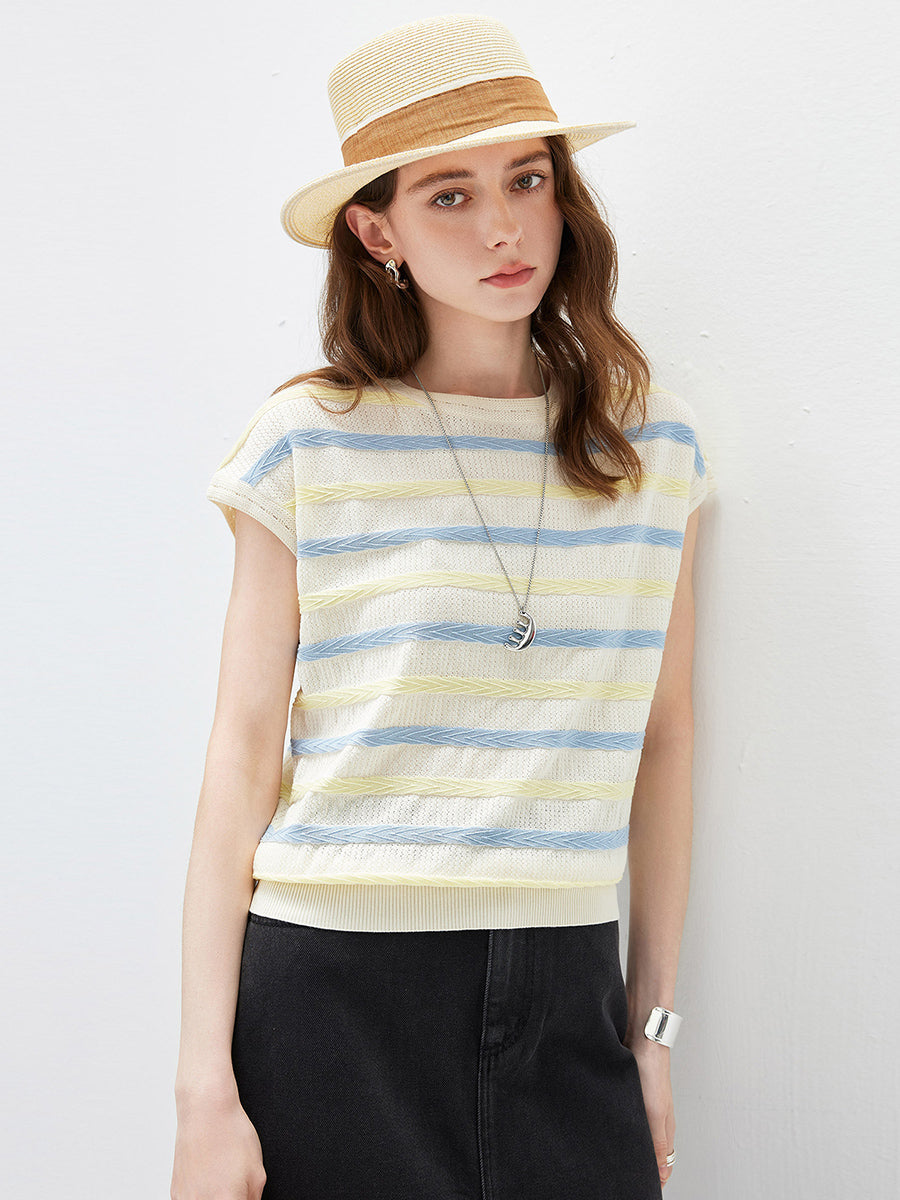 COMOBOCA Women's Striped Knit Cap Sleeve T-Shirt