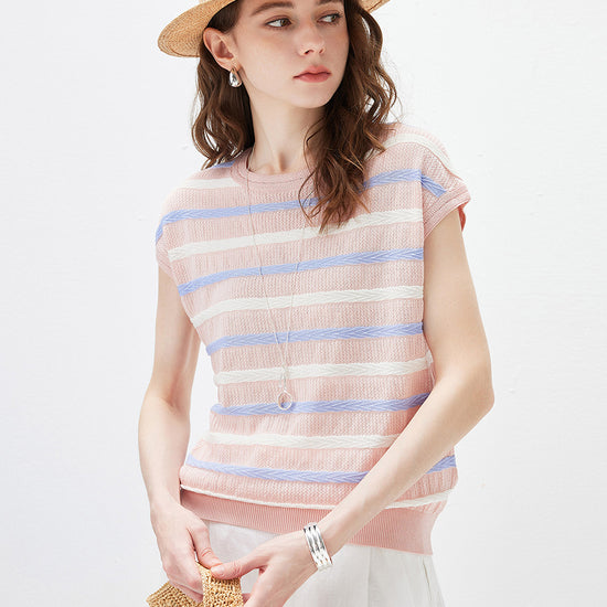COMOBOCA Women's Striped Knit Cap Sleeve T-Shirt