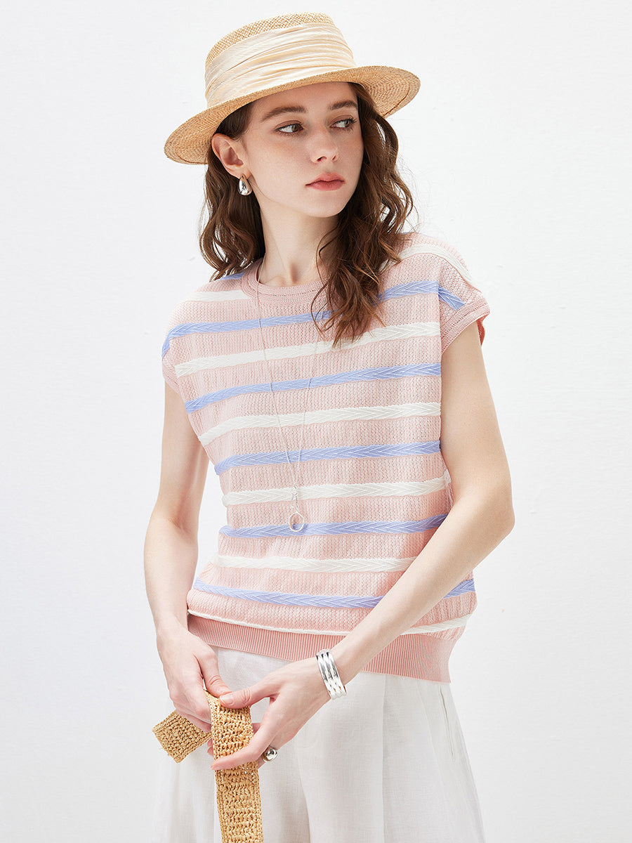 COMOBOCA Women's Striped Knit Cap Sleeve T-Shirt