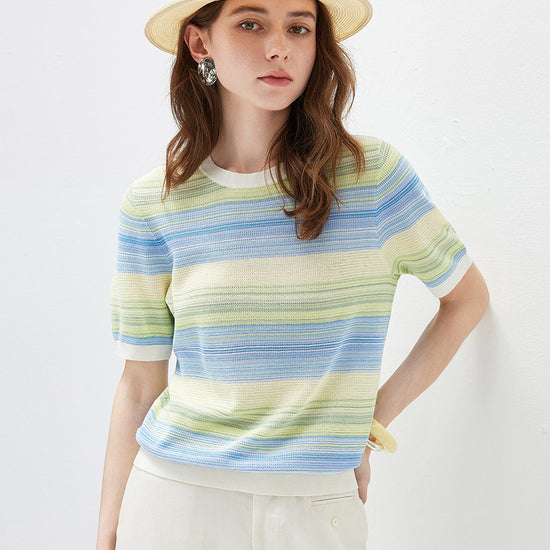 COMOBOCA Women's Gradient Stripe Openwork Knit T-Shirt