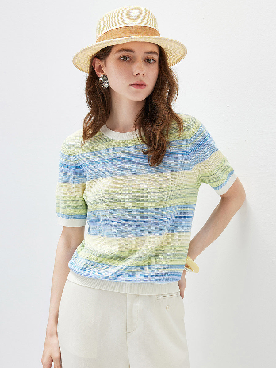 COMOBOCA Women's Gradient Stripe Openwork Knit T-Shirt