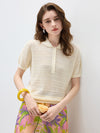 Women's Silk-Cotton Blend Peter Pan Collar Pointelle Knit Short Sleeve Top