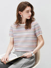 Women’s Silk-Cotton Contrast Stripe Knit Crew Neck Short Sleeve T-Shirt