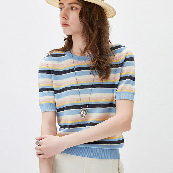 COMOBOCA Women's Multi-Color Stripe Knit T-Shirt