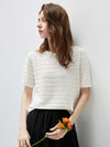 Women’s Round-Neck Linen Blend Hollow-Out Short Sleeve Knit T-Shirt