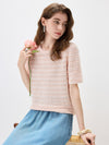 Women’s Round-Neck Linen Blend Hollow-Out Short Sleeve Knit T-Shirt