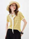Women’s Round-Neck Linen Blend Dopamine Striped Knit Short Sleeve Top with Contrast Trim