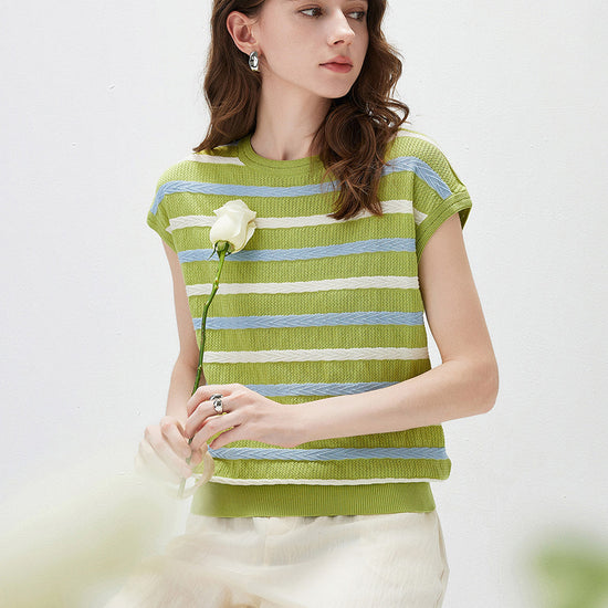 COMOBOCA Women's Striped Knit Cap Sleeve T-Shirt