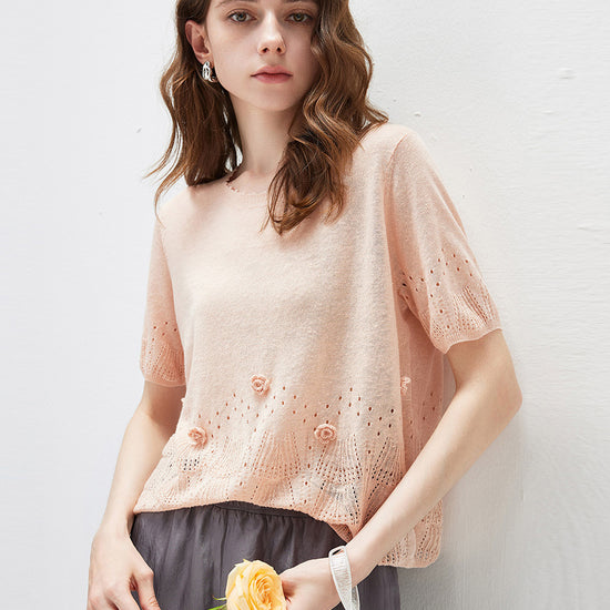 COMOBOCA Women's Sheer Openwork Knit T-Shirt