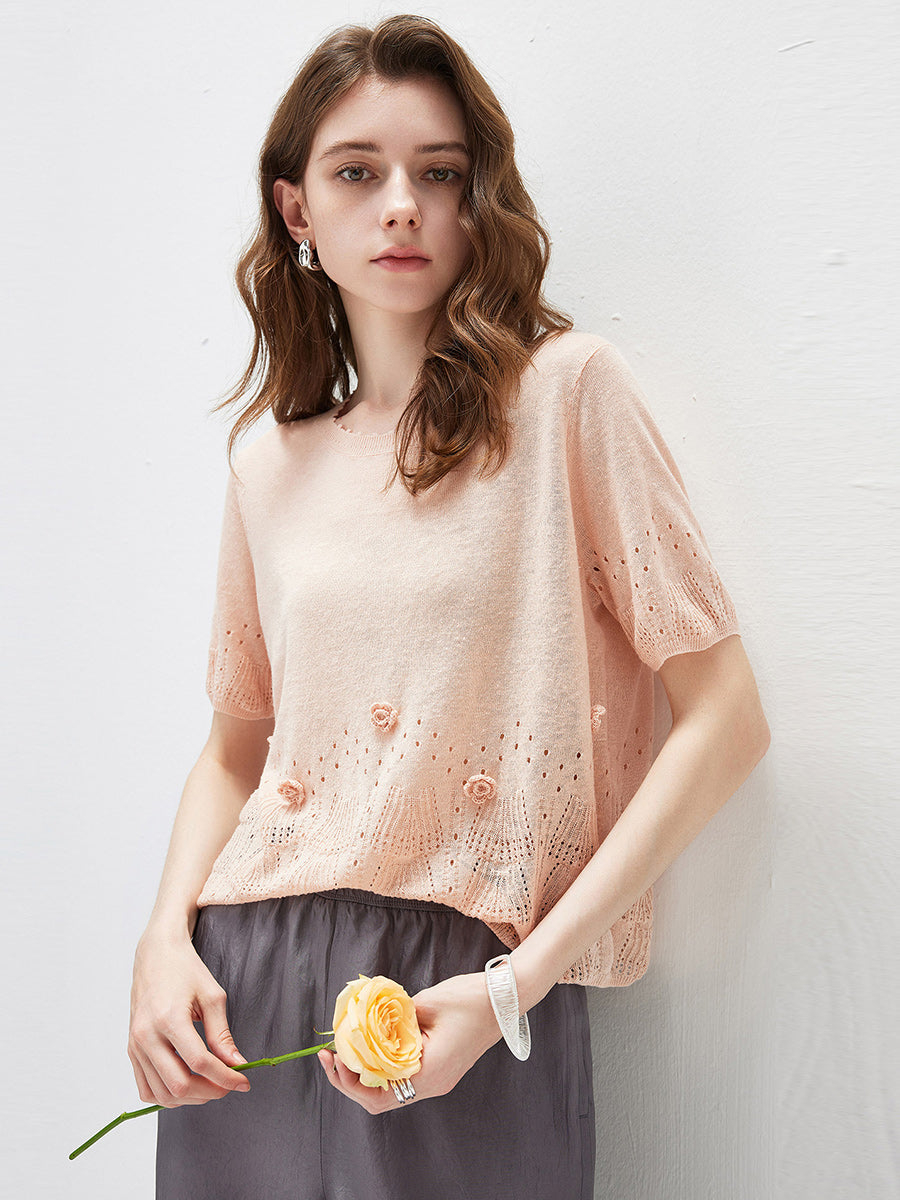 COMOBOCA Women's Sheer Openwork Knit T-Shirt