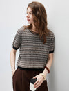 Women's  Round Neck Jacquard Linen Knit Short Sleeve Top