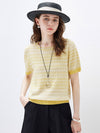 Women's  Round Neck Jacquard Linen Knit Short Sleeve Top