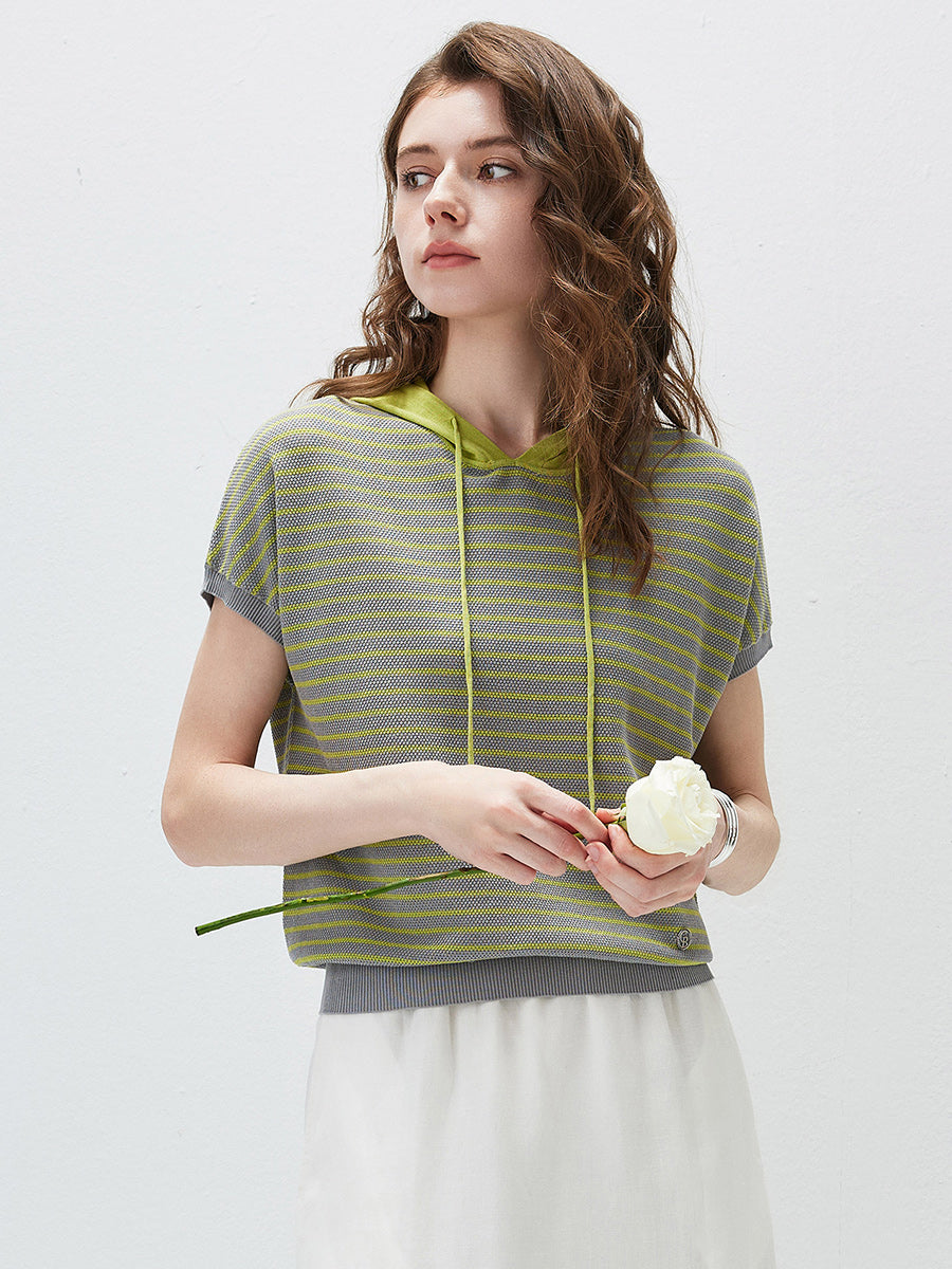 COMOBOCA Women's Striped Contrast Hooded Knit T-Shirt