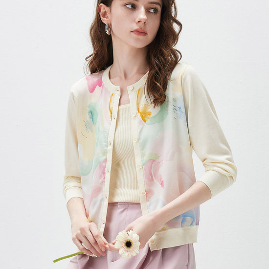 COMOBOCA Women's Floral Print Panel Knit Cardigan