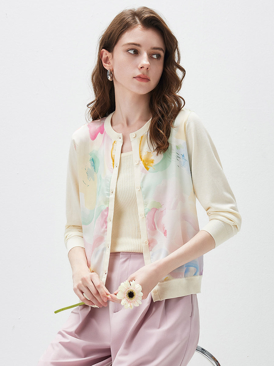 COMOBOCA Women's Floral Print Panel Knit Cardigan