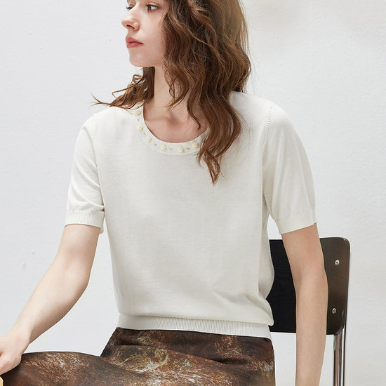 COMOBOCA Women's Rhinestone Trim Knit T-Shirt