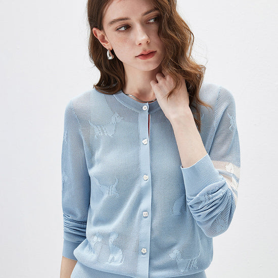 COMOBOCA Women's Pet Pointelle Knit Round Neck Cardigan