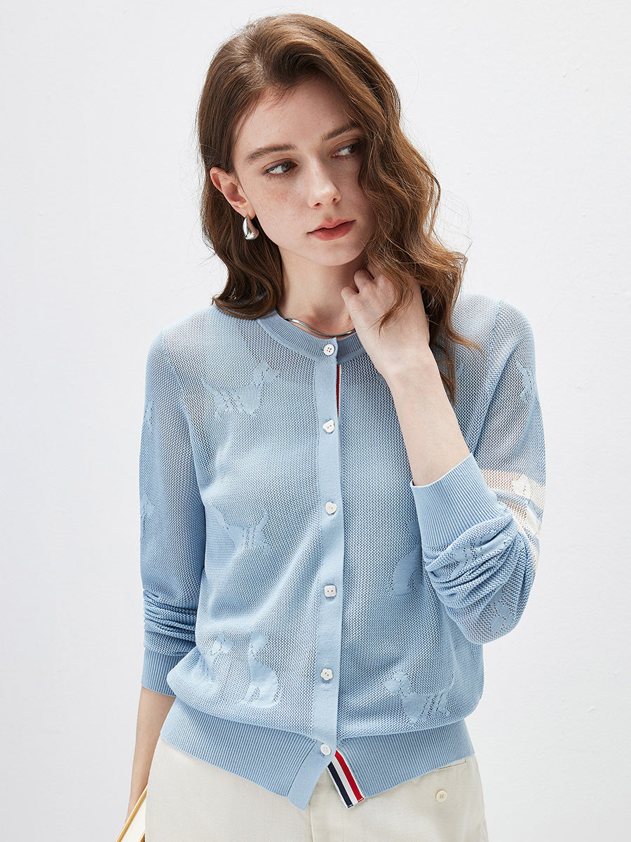 COMOBOCA Women's Pet Pointelle Knit Round Neck Cardigan