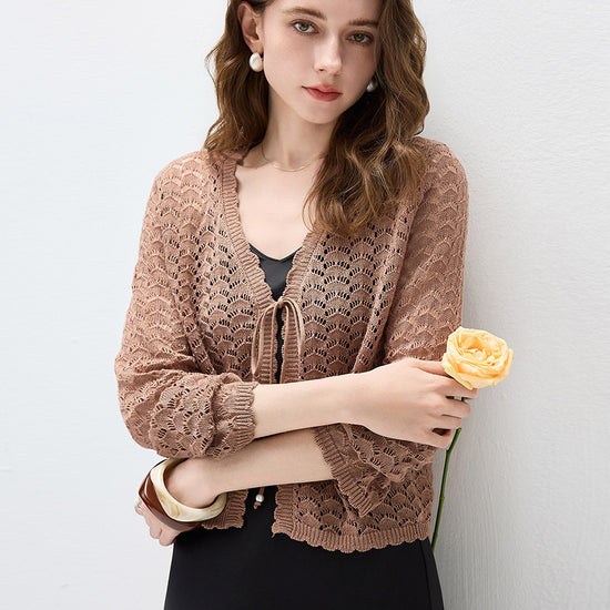 COMOBOCA Women's Linen Lace Knit Tie Front Cardigan