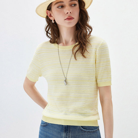 COMOBOCA Women's Ribbed Fine Stripe Knit T-Shirt