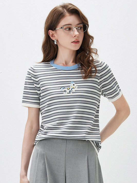 COMOBOCA Striped Women's Embroidery Striped Knit Top