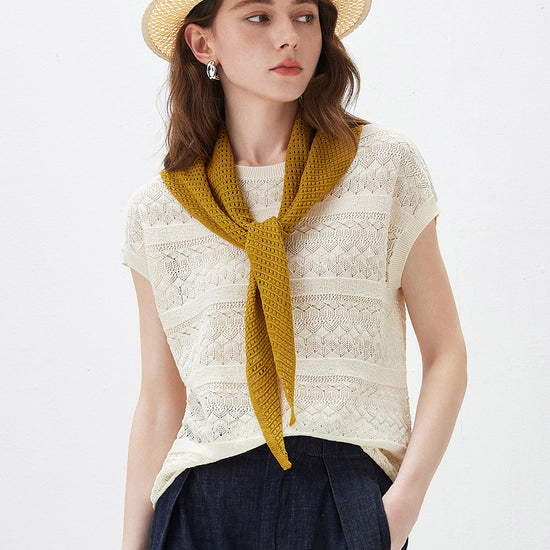 COMOBOCA Women's Openwork Striped Sleeveless Knit T-Shirt