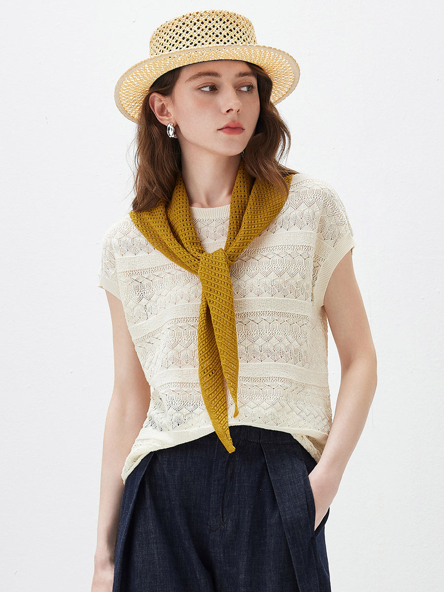 COMOBOCA Women's Openwork Striped Sleeveless Knit T-Shirt