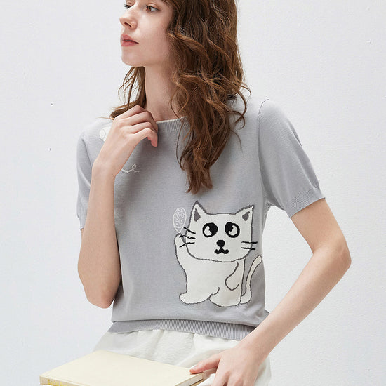 COMOBOCA Women's Cat And Tennis Intarsia Knit T-Shirt
