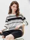 COMOBOCA Women's Asymmetric Stripe Mesh Knit Round Neck Sweater