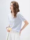 Women’s Linen Blend Striped Knit Pullover Short Sleeve T-Shirt