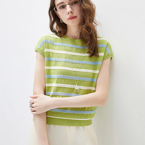 COMOBOCA Women's Striped Knit Cap Sleeve T-Shirt