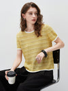 Women’s Round-Neck Linen Blend Dopamine Striped Knit Short Sleeve Top with Contrast Trim
