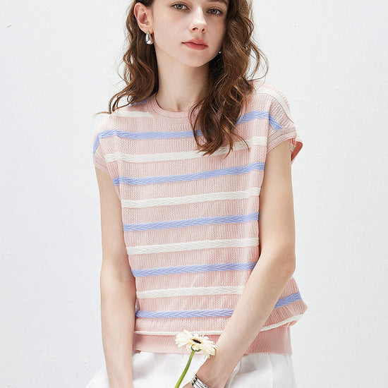 COMOBOCA Women's Striped Knit Cap Sleeve T-Shirt