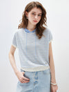 COMOBOCA Light Blue Women's Striped Contrast Hooded Knit T-Shirt