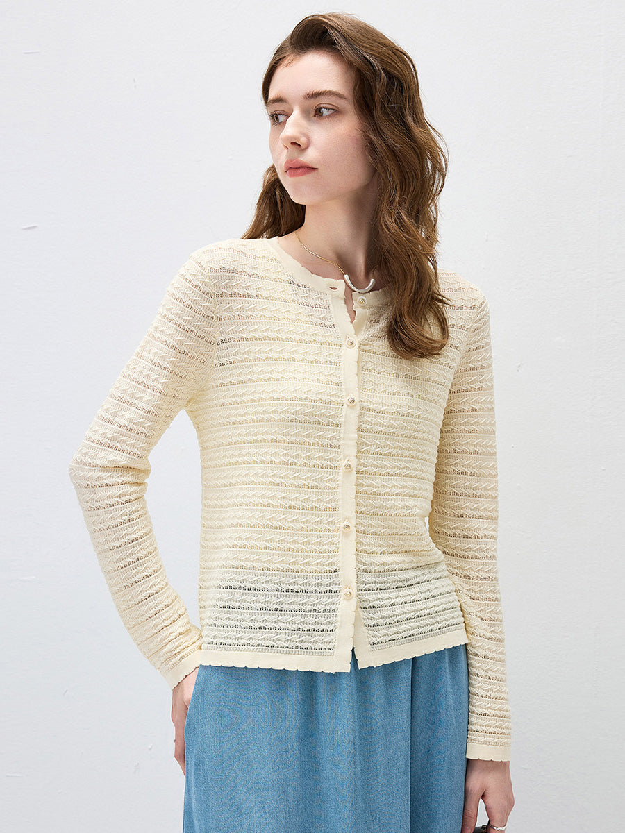 COMOBOCA Women's Scalloped Pointelle Knit Cardigan