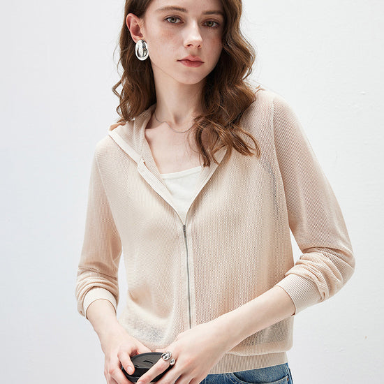 COMOBOCA Women's Sheer Mesh Hooded Zip Up Cardigan