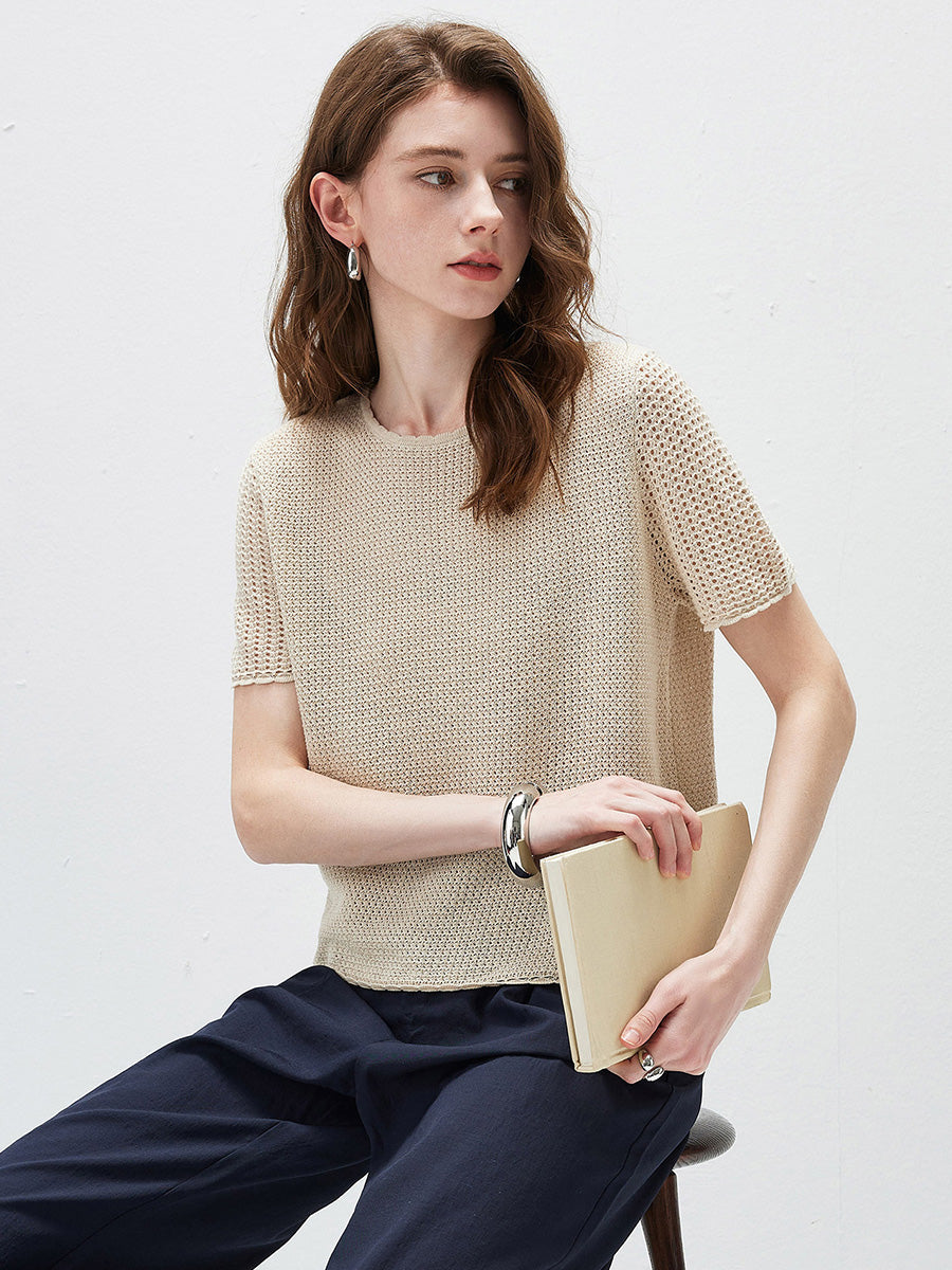 COMOBOCA Women's Openwork Round Neck Knit T-Shirt