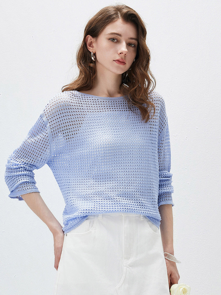 COMOBOCA Women's Sheer Mesh Knit Overpull Top