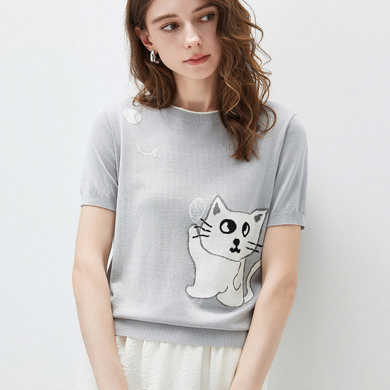 COMOBOCA Women's Cat And Tennis Intarsia Knit T-Shirt